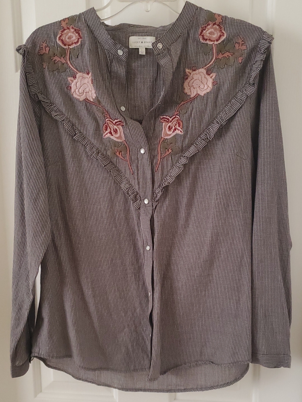 Lucky Brand Blouse with Pink Floral Embroidery